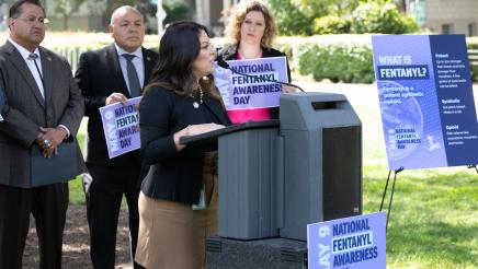 Asm. Soria speaking at Fentanyl Awareness Day Press Conference